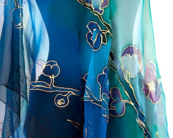 Natural hand Painted Silk Scarf with Flowers, Ocean Aqua Blue Shawl, Artistic Lightweight Wrap