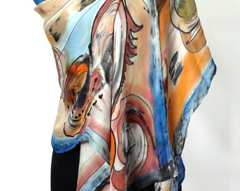 Abstract Silk Scarf, Hand Painted Silk Scarf, Long Silk Shawl, Gift For Women, Silk Scarf For Woman, Batik Silk Scarf, Prom Silk Scarf