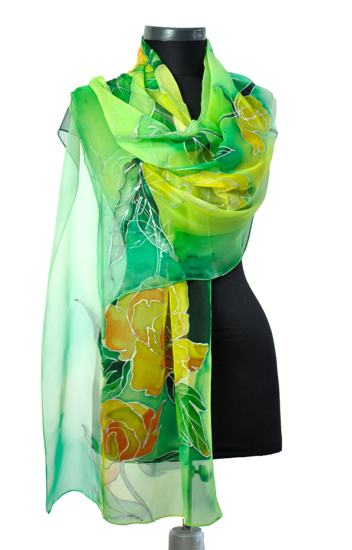 Green Floral Scarf/hand Painted Silk Scarf/silk Chiffon Long Etsy