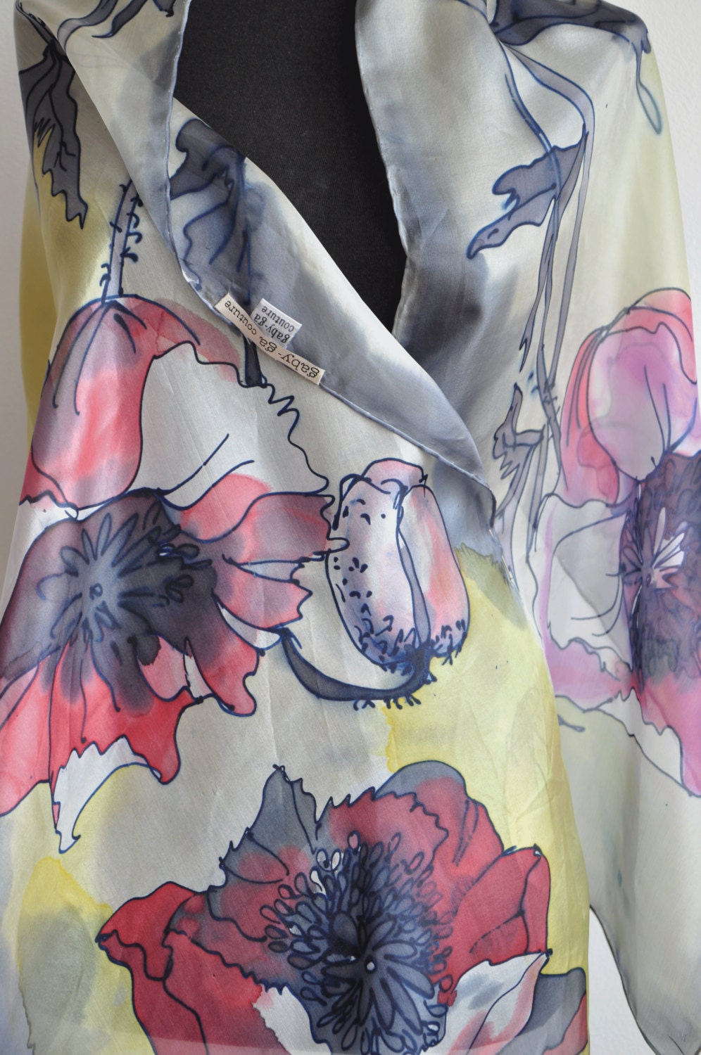 Painted Silk Scarf Gray and Red Poppies Hand Painted Silk - Etsy