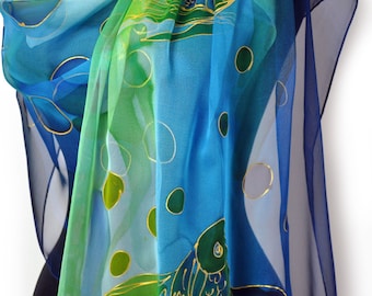 Hand painted silk scarf/Painting on silk/Silk scarf/Woman silk scarf/Blue silk scarf/Fishes in blue/Proffesional Drowing /Blue fishes/S0173