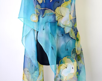 Hand Painted Silk Scarf, Blue Turquoise Floral Chiffon Wrap , Long Silk Accessory