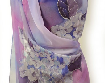 New collection/Violet painting floral chiffon scarf/Hand painted silk shawl/Long luxury lila scarf/Luxury accessory/Painting by nahd/S2005