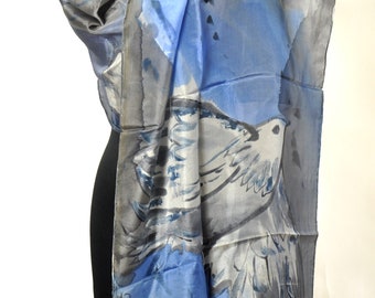 Blue Gray Silk Scarf/ Annyversary Gift/ Hand Painted Silk Scarf/ Birds/ Handpainted Gift for Woman/ Birthday gift/ Painting Silk/ S1904