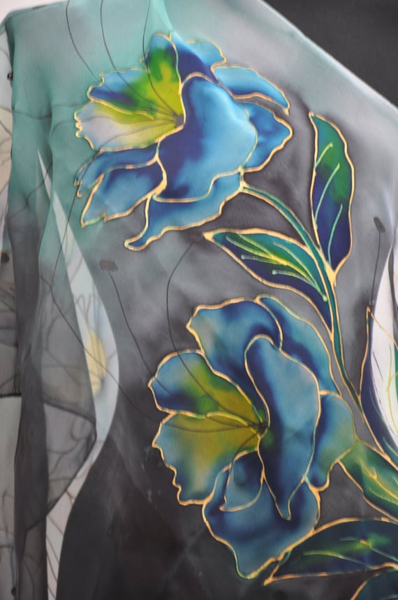 Hand-painted Blue Silk Scarf With Exotic Flowers, Long Chiffon