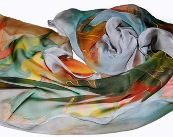 Hand painted Scarf Silk Scarf/Autumn leaves/Painted silk scarf/Woman scarf/Accessory/Woman Scarf Painted on silk by /S0099