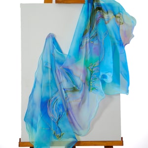 New collection/Hand painted silk scarf/Blue chiffon silk scarf/Painting by hand fishes/Silk chiffon painting scarf/Blue aqua silk scarf/