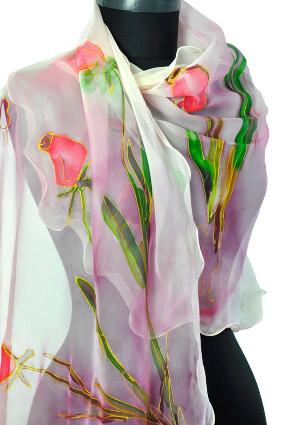 White Rose Silky Scarf  white-rose-basket-print-silk-  main image 4