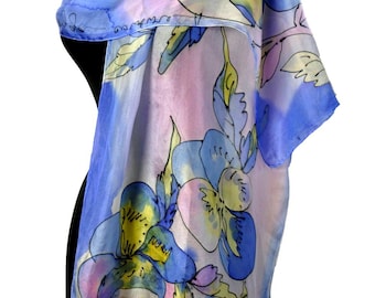 Blue Hand Painted Silk Scarf, Yellow Pansies Floral Long Romantic Gift Her, Delicate Accessory