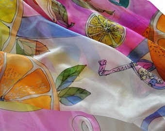 Hand Painted Silk Shawl, Lemons And Oranges Painted Long Scarf, Bridesmaid Shawl, Painted By Hand Fruits, Painting Luxury Shawl  by Gabyga