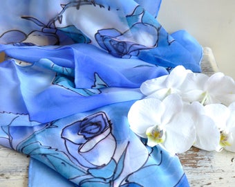 New collection/Hand painted silk scarf/Exotic flowers/Rose flowers in blue/Long scarf/Blue aqua silk chiffon scarf/Painting by hand/S0226