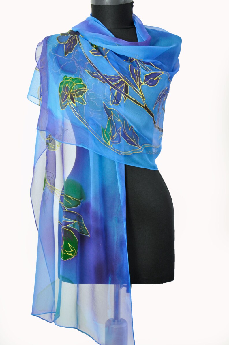 Hand Painted Silk Scarf/painting Silk/blue Floral Silk Chiffon Scarf