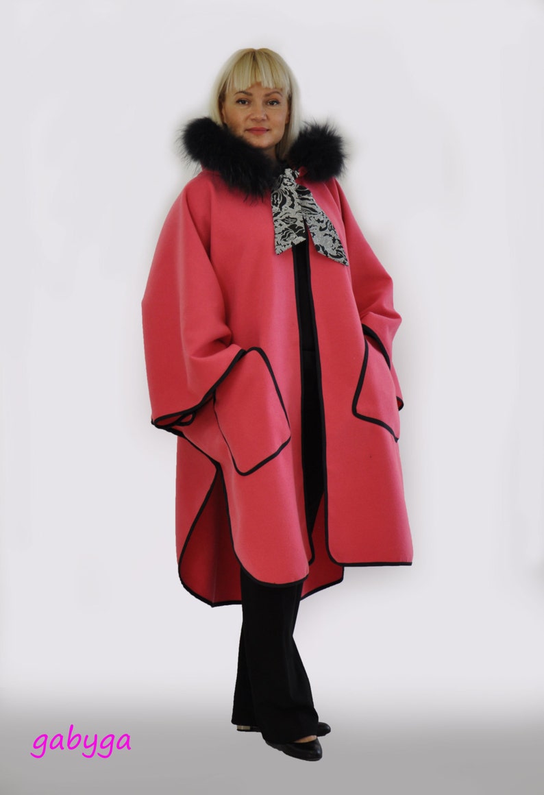 Maxi Wool Cape Coat/ Pink Rose Maxi Cape/ Extravagant Hooded Cape/ Plus Size/winter Coat
