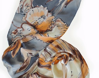 Hand painted silk scarf Shawl Gray Orchids Painting silk scarf Woman silk accessory Gray Exotic flowers Orhids Painted shawl Woman shawl