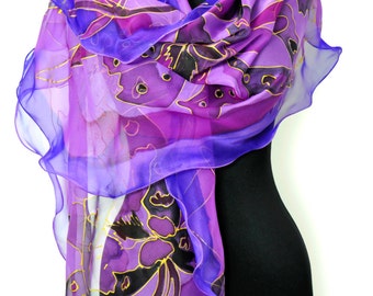 Hand-Painted Purple Silk Scarf, Exotic Floral Orchids Wrap, Women Accessory