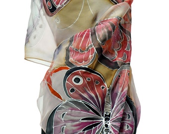 Hand-Painted Silk Chiffon Scarf with Butterflies, Pastel Natural Silk Wrap, Airy Artistic Scarf, Perfect Christmas Gift for Her