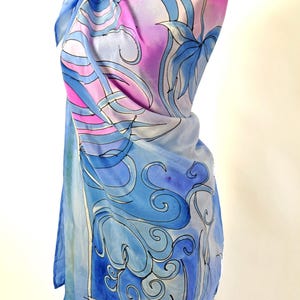Hand-Painted 100% Silk Scarf, Blue Floral Art Silk Wrap, Hand Made Silk Wrap, Natural Silk Shawl, Floral Square Shawl , Luxury Gift For Mam