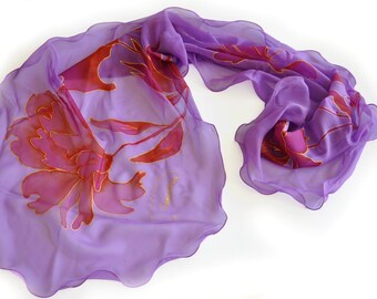 Hand Painted Silk Scarf – Purple Floral Silk Chiffon Shawl, Long Hand Painted Silk Wrap