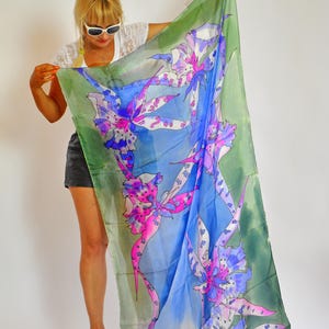 Hand-Painted Silk Scarf: Blue Floral Wrap, Elegant Shawl