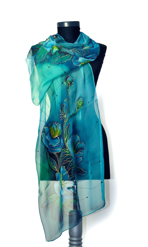 小物 Hand Printed Silk Scarf - blue Hand-painted Silk Scarf With Blue Exotic Flowers, Artistic