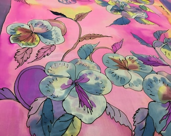 Hand-Painted Silk Scarf, Violet Floral Design, Large Colorful Wrap