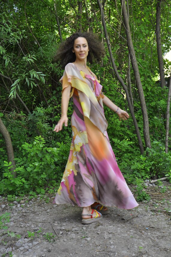 Hand-Painted Dragon Chiffon Maxi Dress: Boho Silk Gown with Shawl Sleeves