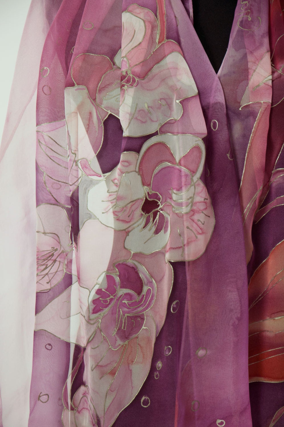 Hand Painted Silk Scarf/purple Orchids/floral Silk Chiffon - Etsy