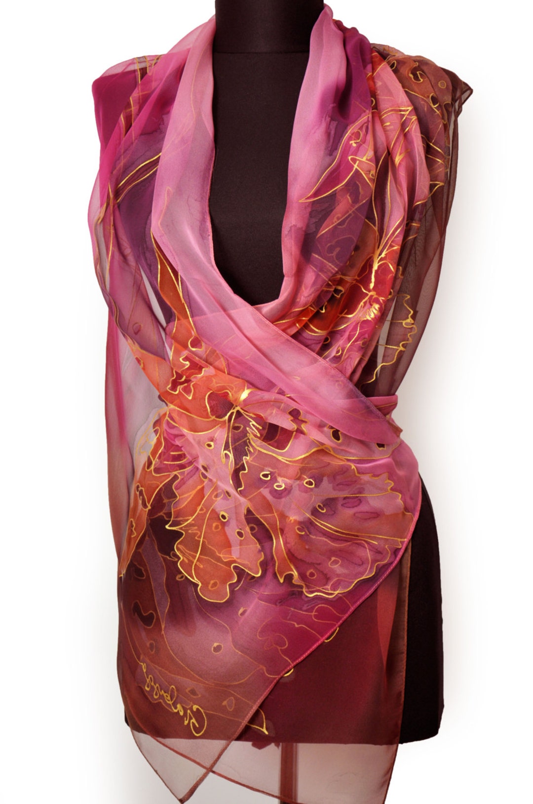 Hand Painted Silk Scarf With Orchids, Silk Wrap 100% Natural