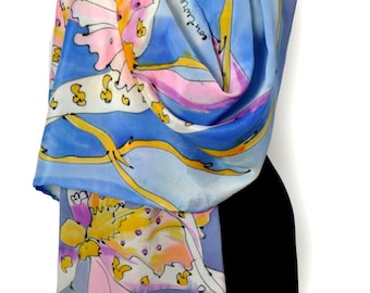 Bufanda de seda natural con orquídeas azules, chal floral, accesorio hecho a mano para mujer