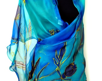 Hand-Painted Blue Silk Scarf, Long Floral Shawl, One of a Kind