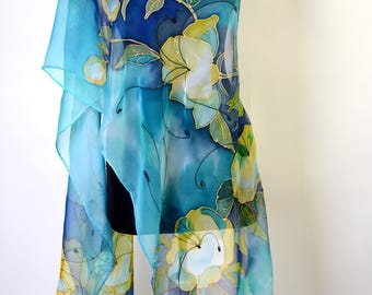 Hand Painted Silk Scarf with Flowers, Natural Shawl, Wearable Art