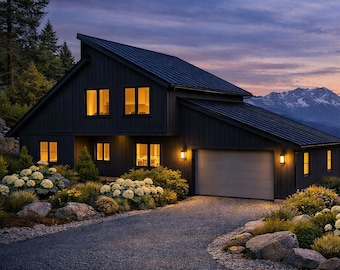 Williston Park Scandinavian Mountain Modern House Plan | Dark Charcoal Exterior | Minimalist Nordic Design |