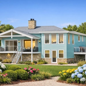 May include: A two-story house with a light blue exterior, stone foundation, and gray roof. The house has a balcony, a chimney, and large windows. Landscaping includes green grass, bushes, and colorful flowers. Palm trees are visible in the background.