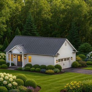 May include: A white house with a dark gray roof, surrounded by lush green landscaping and a variety of colorful flowers. The house has a garage and a front door with lights on either side. The scene is set in a well-manicured garden with a driveway.