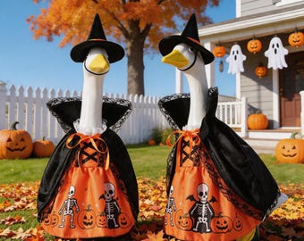 Costume d'oie sorcière pour Halloween | Robe squelette et citrouille effrayante avec chapeau de sorcière pour oie de jardin de 58 cm | Décoration extérieure d'automne