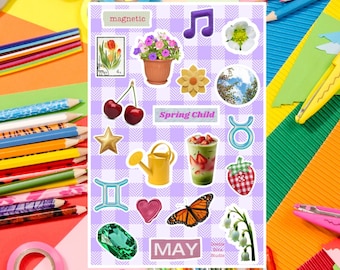 Stickers pour journal indésirable de mai | Feuille de vinyle éphémère printanière, fleurs de naissance du zodiaque