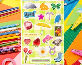 April Monthly Junk Journal Sticker Sheet | Birthstone Zodiac Birth Flower Spring Seasonal Ephemera Stickers