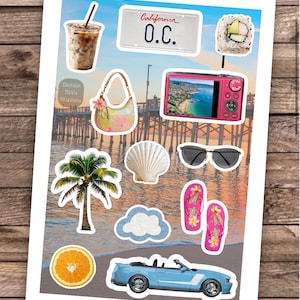 May include: A sticker sheet featuring various summer-themed images, including a coffee drink, California license plate, sushi, a pink camera, a purse, sunglasses, flip-flops, a palm tree, a seashell, a cloud, an orange slice, and a blue convertible car.