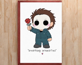 May include: A greeting card featuring a cartoon illustration of a character with a white mask and brown hair wearing a blue jumpsuit. The character holds a red rose. Below the character is the text *breathing intensifies* and a small pink heart.