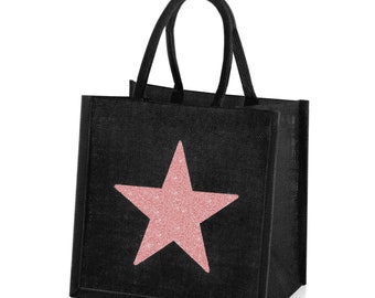 Medium Jute Hessian Black Shopping Bag - Rose Gold Sparkle Star Motif - Height 30cm x Width 30cm x Depth 20cm