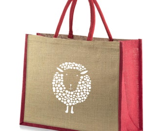 Large Red Trim Jute Hessian Printed White Sheep Tote Shopping Bag - Height 32cm x Width 42cm x Depth 18cm