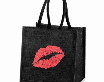 Medium Jute Hessian Black Shopping Bag - Red Glitter Lips Motif - Height 30cm x Width 30cm x Depth 20cm