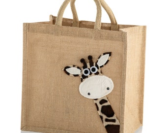 Medium Jute Hessian Burlap Peekaboo Giraffe Tote Shopping Bag - Height 30cm x Width 30cm x Depth 23cm