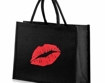 Large Jute Hessian Black Shopping Bag - Red Glitter Lips Motif - Height 32cm x Width 42cm x Depth 18cm