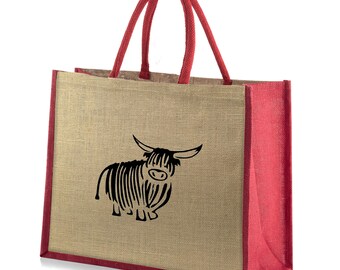 Large Red Trim Jute Hessian Printed Black Highland Cow Tote Shopping Bag - Height 32cm x Width 42cm x Depth 18cm