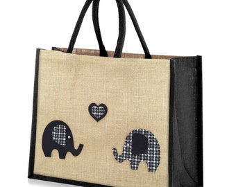 Large Jute Hessian Burlap Elephant Black Trim Tote Shopping Bag - Height 32cm x Width 42cm x Depth 18cm