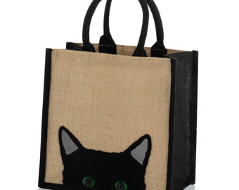 Medium Jute Hessian Burlap Peekaboo Cat Black Trim Tote Shopping Bag - Height 30cm x Width 30cm x Depth 23cm