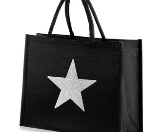 Large Jute Hessian Black Shopping Bag - Silver Sparkle Star Motif - Height 32cm x Width 42cm x Depth 18cm