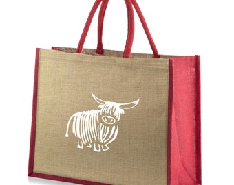 Large Red Trim Jute Hessian Printed White Highland Cow Tote Shopping Bag - Height 32cm x Width 42cm x Depth 18cm