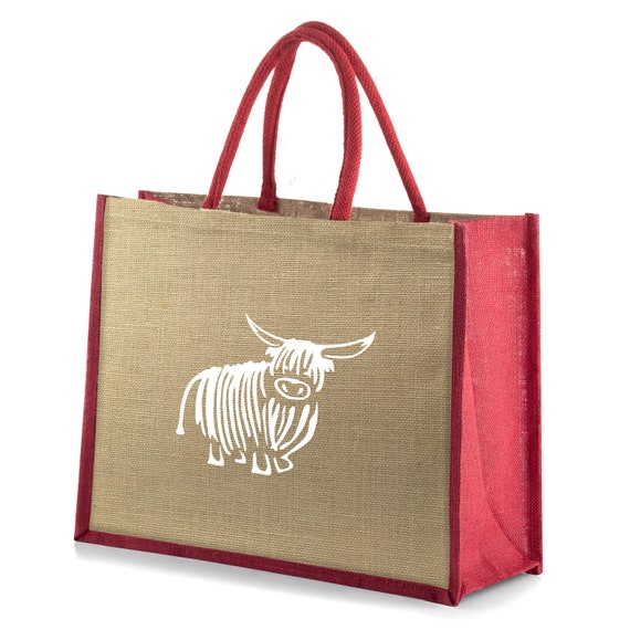 Large Red Trim Jute Hessian Printed White Highland Cow Tote Shopping Bag - Height 32cm x Width 42cm x Depth 18cm